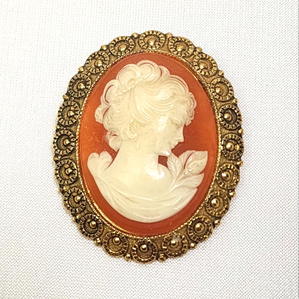 Vintage Western Germany Cameo Brooch with Gold Detailing